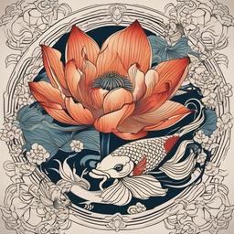 Lotus Flower and Koi Tattoo-Intricate and symbolic tattoo featuring a lotus flower and Koi fish, symbolizing purity and perseverance.  simple color vector tattoo