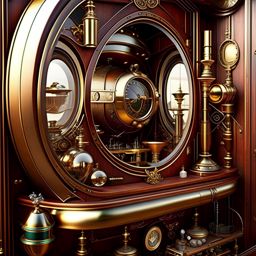 steampunk airship bathroom with brass pipes and gear-shaped mirrors. 