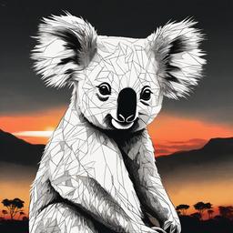 drawing of a koala with a sunset background  minimal rough sketch scribbles,doodles,black and white