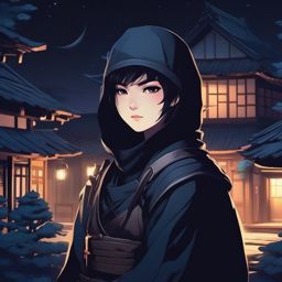 Stealthy ninja character in a moonlit village.  front facing ,centered portrait shot, cute anime color style, pfp, full face visible