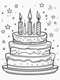 Birthday Cake with Stars and Candles Coloring Pages - Bright Stars and Candles on Cake  minimal black outline printable sheet, coloring page