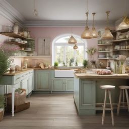 Shabby Chic Culinary Delight - Embrace shabby chic style with distressed furniture and pastels. , kitchen layout design ideas, multicoloured, photo realistic, hyper detail, high resolution,