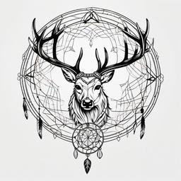 Deer Antler Dream Catcher Tattoo - Tattoo combining a dream catcher with deer antler motifs.  simple vector tattoo,minimalist,white background