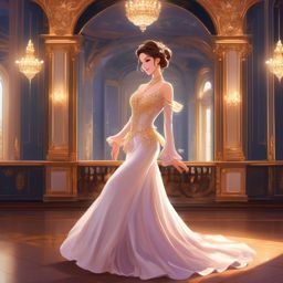 Elegant ballroom dancer, dressed in a royal gown, waltzing gracefully in a splendid palace.  front facing ,centered portrait shot, cute anime color style, pfp, full face visible