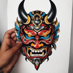 traditional oni mask tattoo  simple color tattoo,white background,minimal