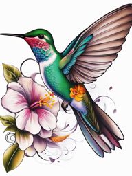 Hummingbird and flower tattoo, Creative tattoos that combine the grace of hummingbirds with the elegance of flowers.  vivid colors, white background, tattoo design