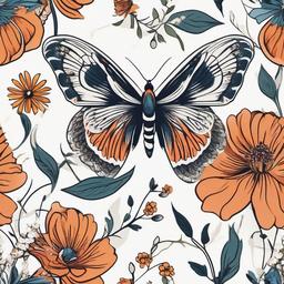 Flower and Moth Tattoo - Embrace a harmonious combination of floral and moth elements in a tattoo design that symbolizes beauty and transformation.  simple vector color tattoo, minimal, white background