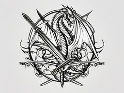 Dragon and Sword Tattoo - Tattoos combining dragon imagery with swords or weapons.  simple color tattoo,minimalist,white background