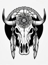 Cow Skull Dreamcatcher Tattoo - Tattoo combining a dream catcher with cow skull motifs.  simple vector tattoo,minimalist,white background