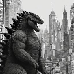 drawing of Godzilla in a city  minimal rough sketch scribbles,doodles,black and white