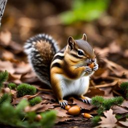 tiny chipmunk storing acorns in its cheek pouches. 