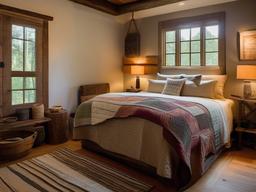 In the guest bedroom, Wabi Sabi interior design offers a cozy atmosphere with handmade quilts, organic textures, and rustic decor that ensure a comfortable stay for visitors.  