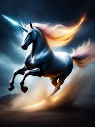 fierce unicorn charging into battle, its horn glowing with mystical energy as it defends a magical realm. 