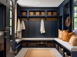 A mudroom designed with Regency interior design includes refined storage solutions, tasteful decor, and an organized layout that makes coming and going a stylish experience.  