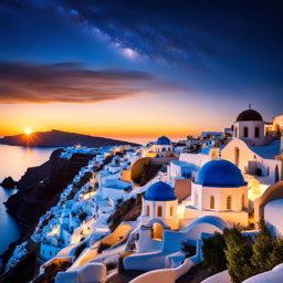 santorini, greece - paint the iconic blue-domed churches and white buildings of santorini against the backdrop of a starry night. 