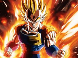 vegeta charges a devastating energy attack, surrounded by fiery explosions. 