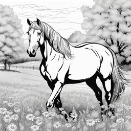 horse coloring pages - a majestic horse frolics in a field of blooming wildflowers. 