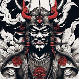 Samurai Demon Tattoo - Features the fierceness of a samurai alongside demonic elements in tattoo art.  simple color tattoo,white background,minimal