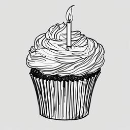 drawing of a cupcake with candles  minimal rough sketch scribbles,doodles,black and white