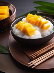 mango sticky rice, ripe mango slices served with sweet glutinous rice. 