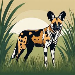 African Wild Dog Clip Art - African wild dog in the grasslands,  color vector clipart, minimal style