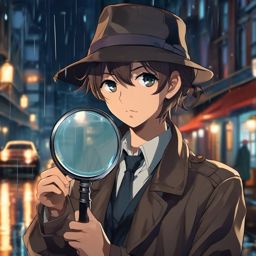 Clever anime detective, holding a magnifying glass, examining clues in a rainy city alley, determined to solve a mystery.  front facing ,centered portrait shot, cute anime color style, pfp, full face visible