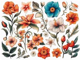 Flower tattoo, Tattoos featuring various types of flowers, symbolizing beauty and nature. colors, tattoo patterns, clean white background