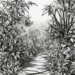 drawing of a vine in a jungle  minimal rough sketch scribbles,doodles,black and white