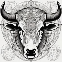 Abstract buffalo skull tattoo: Whimsical lines, ethereal charm.  black and white tattoo style