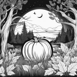 pumpkin coloring pages - a carved pumpkin glows mysteriously in a moonlit forest. 