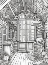 Horror Coloring Pages - Spooky cobweb-filled attic with old relics  simple coloring pages