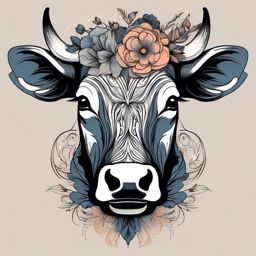 Abstract floral cow portrait design: Natural elegance, blending artistry.  simple color tattoo style