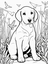 Puppy with a Bird Coloring Pages - Gentle Puppy Watching Birds Fly  minimal black outline printable sheet, coloring page