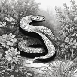 drawing of a king snake in a garden  minimal rough sketch scribbles,doodles,black and white