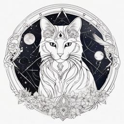 Cat with celestial elements design: Cosmic connection beautifully inked.  color outline tattoo, white background