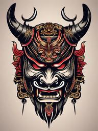 Samurai Demon Mask Tattoo-Bold and artistic tattoo featuring a samurai mask combined with a demon, capturing traditional and fierce aesthetics.  simple color vector tattoo