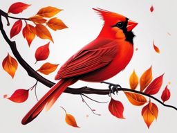 Cardinal Tattoo - Cardinal bird amidst vibrant red autumn leaves  color tattoo design, clean white background