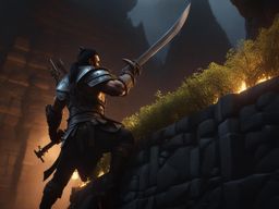 half-orc fighter,grommash blackthorn,scaling a towering fortress wall,under cover of darkness ground level shot, 8k resolution, cinema 4d, behance hd, polished metal, unreal engine 5, rendered in blender, sci-fi, futuristic, trending on artstation, epic, cinematic background, dramatic, atmospheric