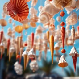 Seashell windsocks and mobiles close shot perspective view, photo realistic background, hyper detail, high resolution