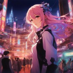 junko enoshima orchestrates pandemonium in a high-tech, neon-lit cityscape. 