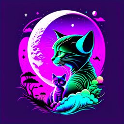 A vector design for a t-shirt of an alien standing a little sneakily while hugging a pet cat tight with the moon behind him in the background, vector graphic, t-shirt design, vibrant colors