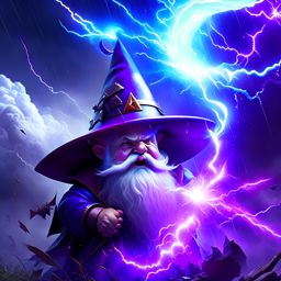 gnome wizard conjuring a massive lightning storm to obliterate enemy forces. 