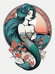 Neo Traditional Mermaid - Explore a modern take on traditional tattoo art with a neo-traditional mermaid design.  simple vector color tattoo,minimal,white background