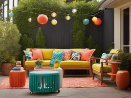 Retro patio features colorful accents, playful decor, and vintage-inspired seating that bring a fun vibe to outdoor leisure and entertainment.  