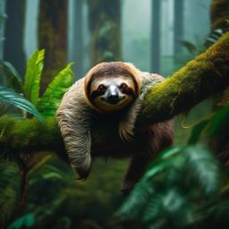 Cute Sloth Hanging Lazily in a Misty Cloud Forest 8k, cinematic, vivid colors