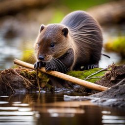 adorable baby beaver building a dam with sticks and mud. 