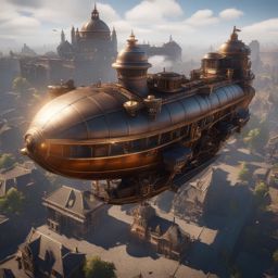 Steampunk airship battle over a detailed cityscape in Unreal Engine v5