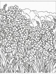 Forget-Me-Not coloring page sheet - Tiny forget-me-nots blooming in a quiet corner of the garden.  black outline printable coloring page