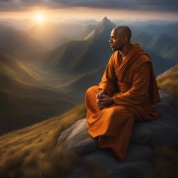 human monk,amaris stormrider,meditating atop a tranquil mountaintop,the sun rises full color photography, high fantasy, photo-realism, hyperrealistic/ultrarealistic/photorealistic