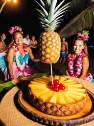 pineapple upside-down cake served at a beachfront luau with hula dancers. 